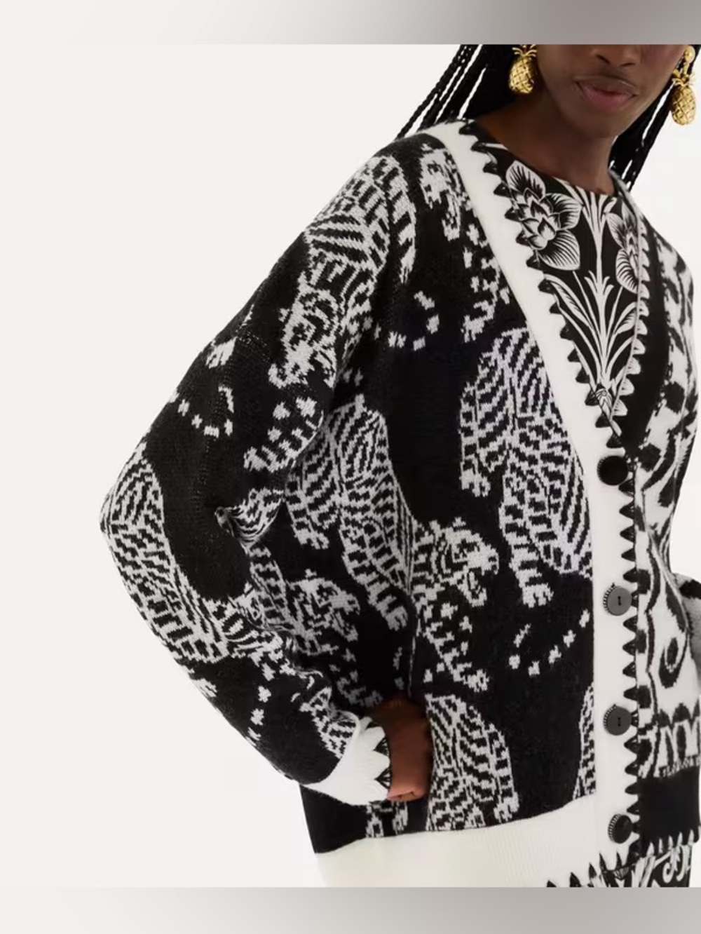 Farm Rio Black & White Mixed Striped Tigers Buttoned Knit Cardigan NWT - Picture 2 of 6